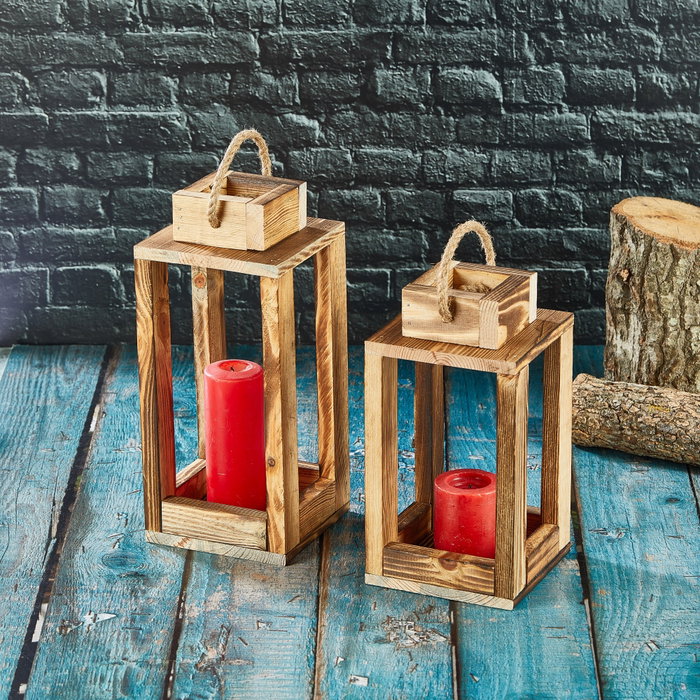 Aberto Design Juego de dos candelabros linterna de madera Natural Aberto Design Juego de dos candelabros linterna de madera Natural